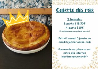 🫓GALETTE DES ROIS🫓

Ça y est ! Le formulaire de commande pour les galettes des rois du Polisson Gourmand est disponible 🎉

Oui, je sais, vous êtes au 12eme round du repas de Noël et nous on pense déjà à l'épiphanie 🤣

Cette année, nous régalons vos papilles avec une délicieuse garniture frangipane à l’amande ( allégée à la compote de pommes )  et avec une pointe de Rhum ( possible sans ).

Deux formats vous sont proposés, pour un retrait le samedi 3 janvier après-midi ou le mardi 6 janvier :

4 parts : 10 €

8 parts : 18,50 €

👉 Réservez dès maintenant via le formulaire suivant :
https://forms.gle/Pgx7E24p2WFzxFEq6

#galette #epiphanie #galettedesrois #gourmandisesdupolisson #SalonDeThé