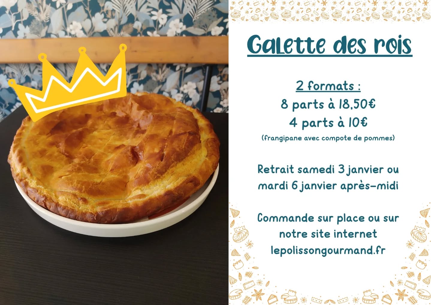 🫓GALETTE DES ROIS🫓

Ça y est ! Le formulaire de commande pour les galettes des rois du Polisson Gourmand est disponible 🎉

Oui, je sais, vous êtes au 12eme round du repas de Noël et nous on pense déjà à l'épiphanie 🤣

Cette année, nous régalons vos papilles avec une délicieuse garniture frangipane à l’amande ( allégée à la compote de pommes )  et avec une pointe de Rhum ( possible sans ).

Deux formats vous sont proposés, pour un retrait le samedi 3 janvier après-midi ou le mardi 6 janvier :

4 parts : 10 €

8 parts : 18,50 €

👉 Réservez dès maintenant via le formulaire suivant :
https://forms.gle/Pgx7E24p2WFzxFEq6

#galette #epiphanie #galettedesrois #gourmandisesdupolisson #SalonDeThé