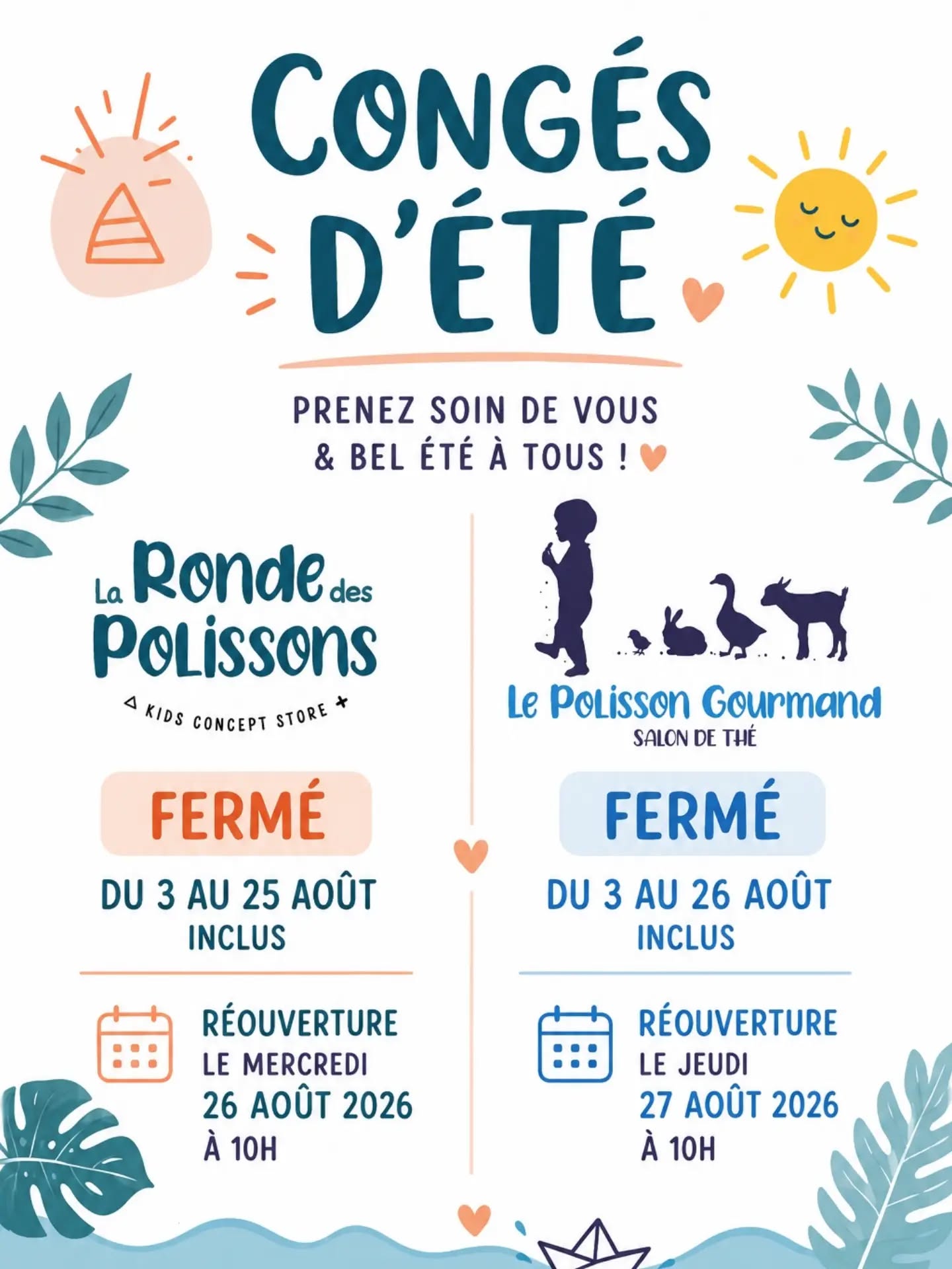 Vacaaaaaaaaances !!

L'heure est venue pour nous de faire une vraie pause bien méritée !

Merci pour vos visites, pour vos mots et pour vos encouragements toujours, vous êtes des amours ❤️

On se retrouve le jeudi 27 août à 10h pour le salon de thé et le mercredi 26 août à 10h pour la boutique 

Prenez soin de vous !

À bientôt ❤️