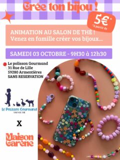 ✨ Les ateliers créatifs reviennent en force au salon de thé ! 😍

Et cette semaine, c’est @maison.garene qui s’installe chez nous avec son bar à perles ! 📿✨

📅 Samedi 3 octobre
⏰ De 9h30 à 12h30

Le principe ? Vous choisissez votre projet, vos perles, et vous créez tranquillement votre petite merveille avec les conseils de Clarisse 
Bracelet, bijoux, petites créations… à vous de choisir selon vos envies !

💰 À partir de 5 €, selon le projet choisi. Les tarifs de chaque création seront indiqués directement sur place.

Et pendant que vous créez, vous pouvez bien sûr profiter du salon de thé : petit café, latte, ou même petit déjeuner complet pour démarrer la matinée tout en douceur ☕🥐

👉 Pas besoin d’arriver à 9h30 pile ! Clarisse sera présente tout au long du créneau, vous pouvez donc venir quand vous le souhaitez entre 9h30 et 12h30.

⚠️ Par contre, les places au salon de thé sont limitées !
Pensez à nous envoyer un petit message privé pour nous indiquer à quelle heure vous souhaitez venir, afin que nous puissions vous garder une petite place. 💌

Alors, qui vient créer son petit bijou samedi ? 👀📿

#ateliercreatif
#baràperles #vienscréertonbijou #bijouxenperles #hautsdefrance