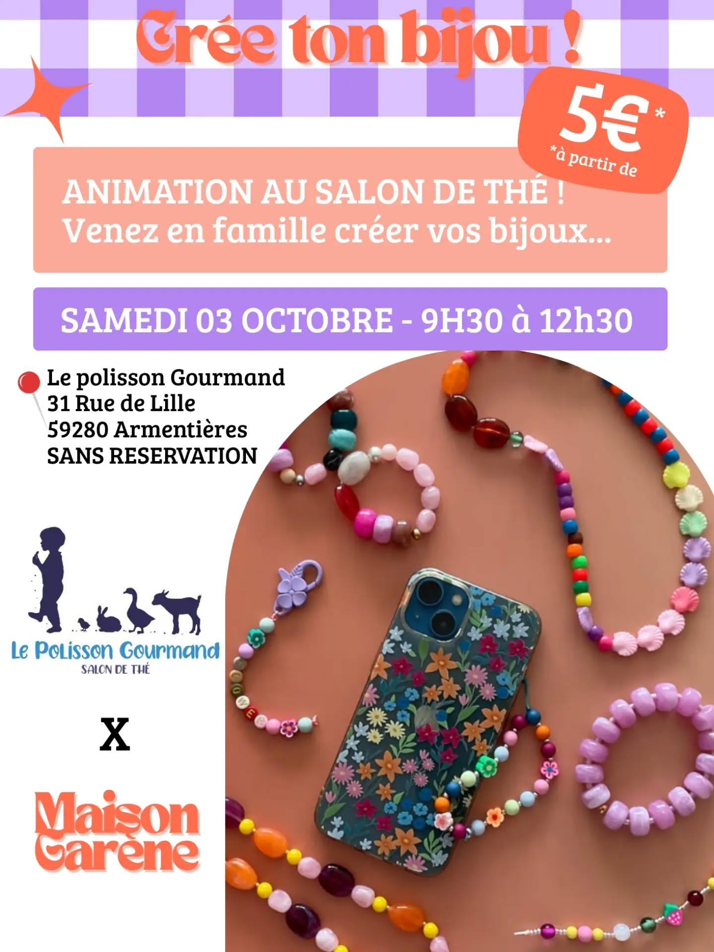 ✨ Les ateliers créatifs reviennent en force au salon de thé ! 😍

Et cette semaine, c’est @maison.garene qui s’installe chez nous avec son bar à perles ! 📿✨

📅 Samedi 3 octobre
⏰ De 9h30 à 12h30

Le principe ? Vous choisissez votre projet, vos perles, et vous créez tranquillement votre petite merveille avec les conseils de Clarisse 
Bracelet, bijoux, petites créations… à vous de choisir selon vos envies !

💰 À partir de 5 €, selon le projet choisi. Les tarifs de chaque création seront indiqués directement sur place.

Et pendant que vous créez, vous pouvez bien sûr profiter du salon de thé : petit café, latte, ou même petit déjeuner complet pour démarrer la matinée tout en douceur ☕🥐

👉 Pas besoin d’arriver à 9h30 pile ! Clarisse sera présente tout au long du créneau, vous pouvez donc venir quand vous le souhaitez entre 9h30 et 12h30.

⚠️ Par contre, les places au salon de thé sont limitées !
Pensez à nous envoyer un petit message privé pour nous indiquer à quelle heure vous souhaitez venir, afin que nous puissions vous garder une petite place. 💌

Alors, qui vient créer son petit bijou samedi ? 👀📿

#ateliercreatif
#baràperles #vienscréertonbijou #bijouxenperles #hautsdefrance